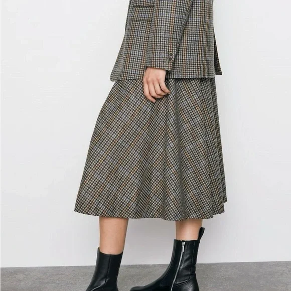 NWOT Zara Multicoloured Houndstooth Print Button-Up Wool Midi Skirt Size S - Picture 5 of 15